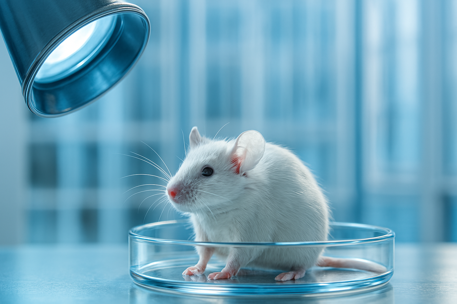 alt="Camundongo branco em laboratório de pesquisas científicas, representando estudos pré-clínicos sobre câncer e novas terapias experimentais."
