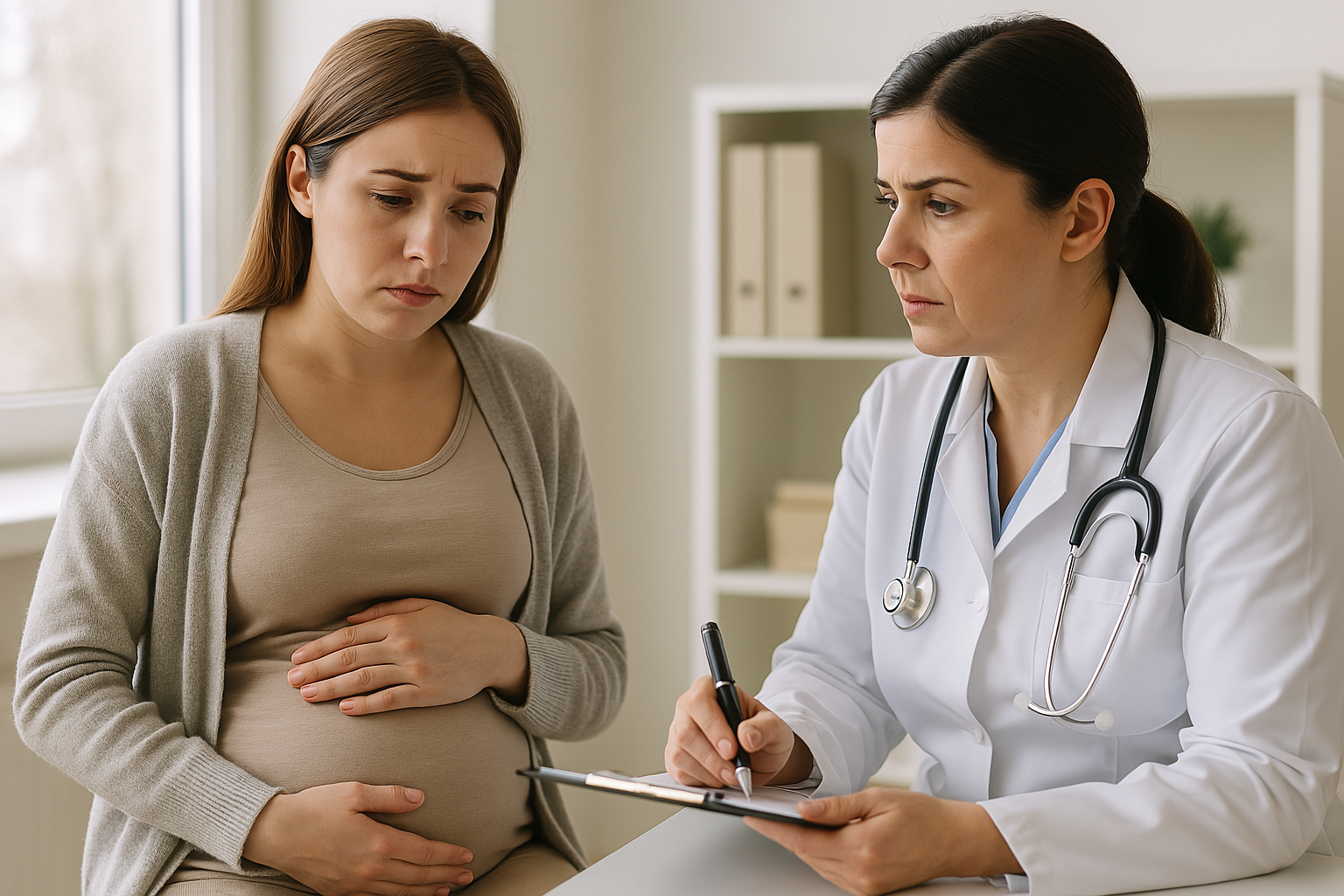 Foto realista de uma gestante em consulta pré-natal demonstrando preocupação, sendo atendida por uma médica