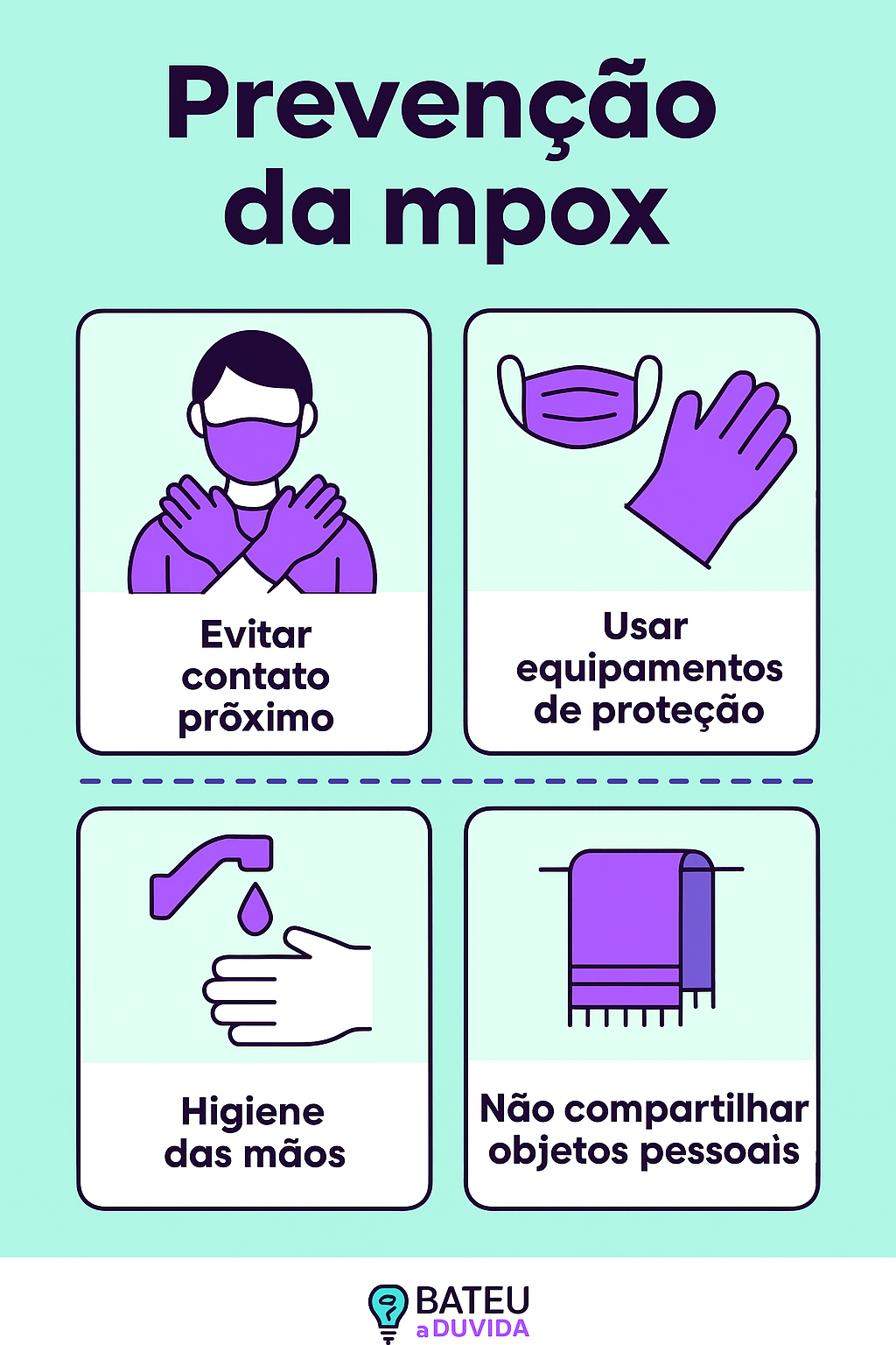 Infográfico colorido com dicas de prevenção da mpox, destacando o uso de máscara, higiene das mãos, evitar contato com pessoas infectadas e não compartilhar objetos pessoais.