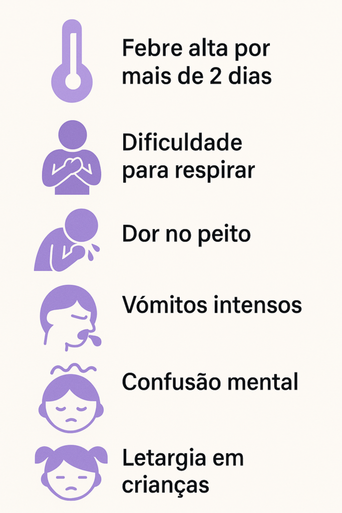 Infográfico com sintomas de alerta para gripe: febre alta, dificuldade para respirar, dor no peito, vômitos intensos, confusão mental e letargia em crianças.