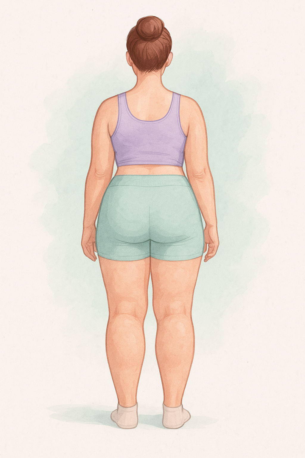 Ilustração médica de mulher vista de costas com foco nas pernas, mostrando sinais visuais compatíveis com lipedema em estilo realista e fundo claro.
