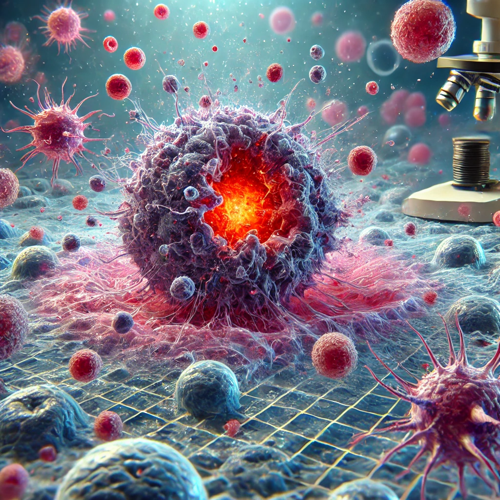 Representação da piroptose: célula tumoral se rompendo e ativando sistema imunológico