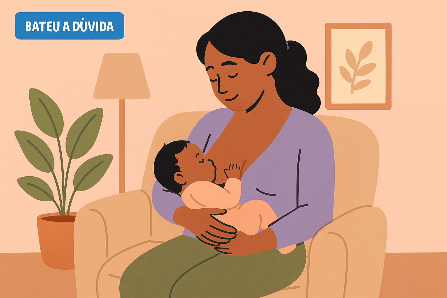 Mãe sentada no sofá amamentando o bebê com tranquilidade, em cena ilustrativa sobre aleitamento materno.