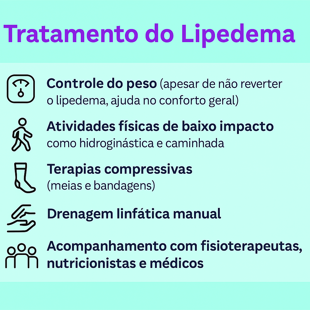 Infográfico com cinco abordagens para o tratamento do lipedema, incluindo controle de peso, atividades físicas, terapias compressivas, drenagem linfática e equipe multidisciplinar.