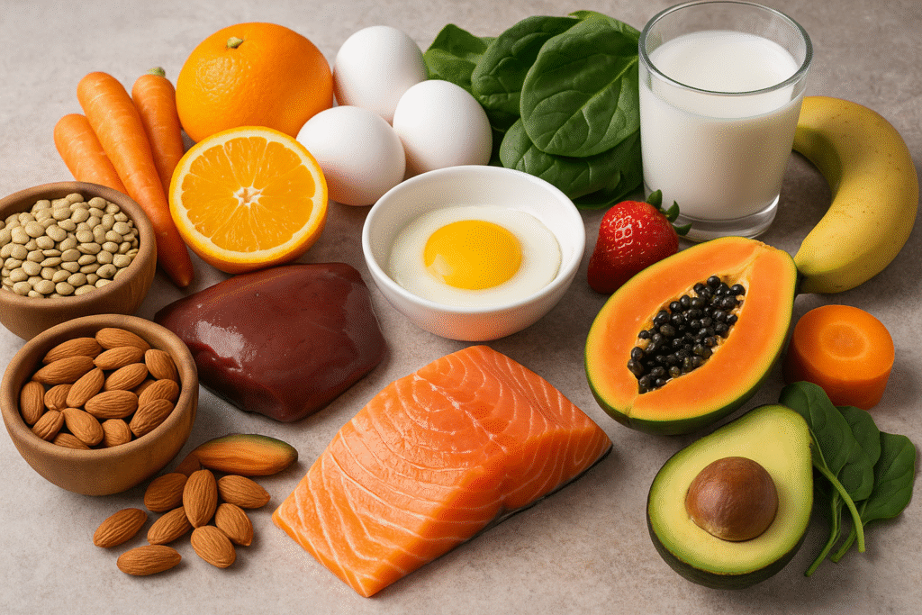 Imagem realista com alimentos fontes de vitaminas como salmão, ovo, leite, fígado, laranja, cenoura, espinafre, papaya, abacate e oleaginosas. Ideal para artigo sobre nutrição.