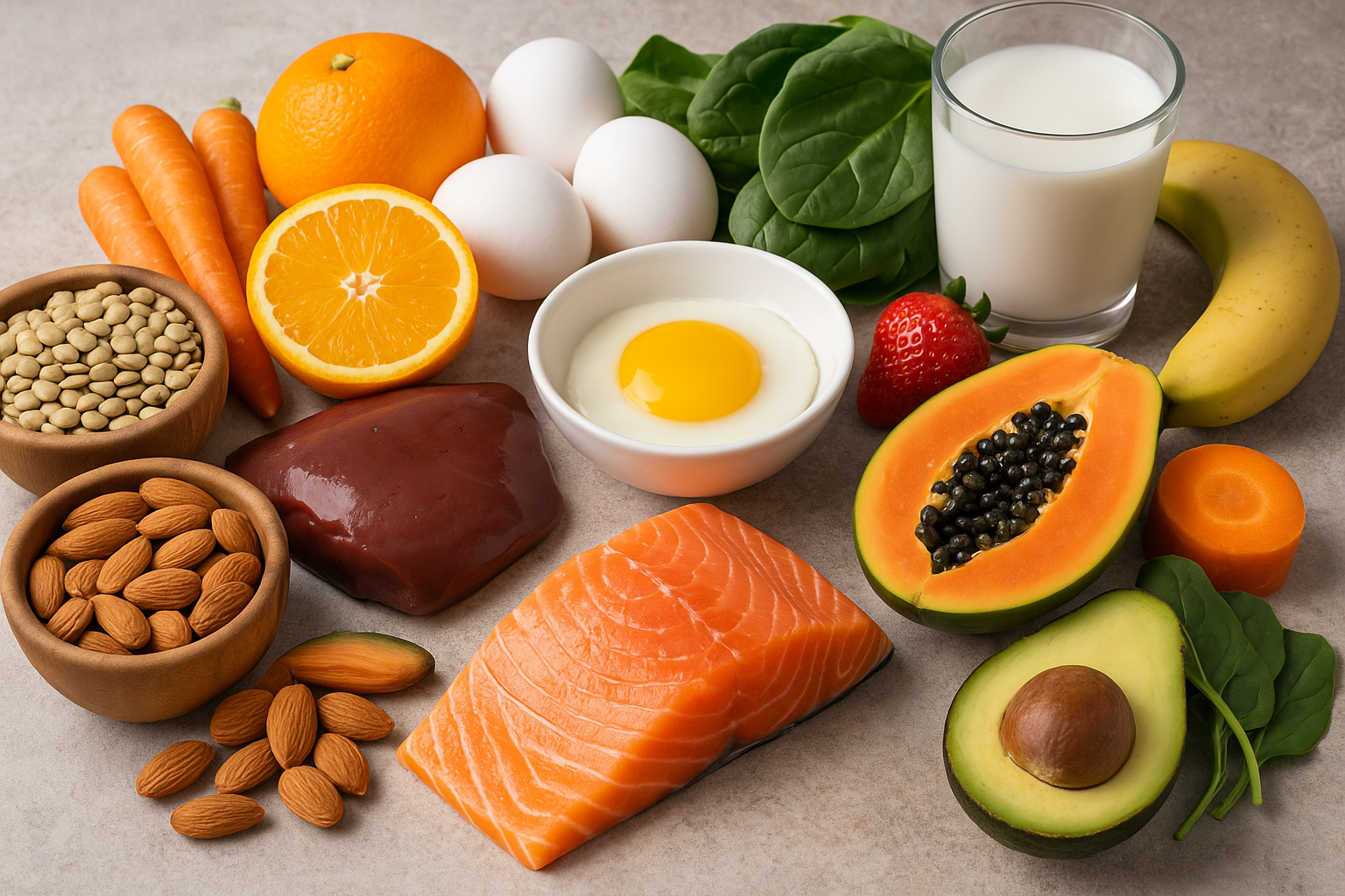 Imagem realista com alimentos fontes de vitaminas como salmão, ovo, leite, fígado, laranja, cenoura, espinafre, papaya, abacate e oleaginosas. Ideal para artigo sobre nutrição.