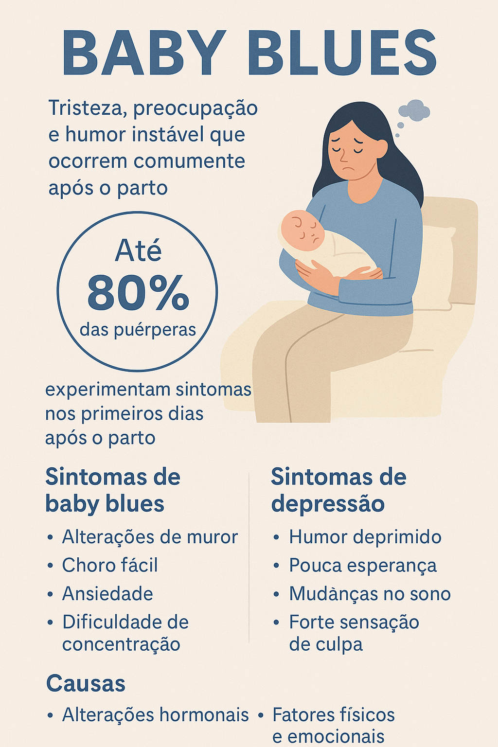 Infográfico com sintomas de baby blues e depressão pós-parto, destacando diferenças e causas após o nascimento do bebê.