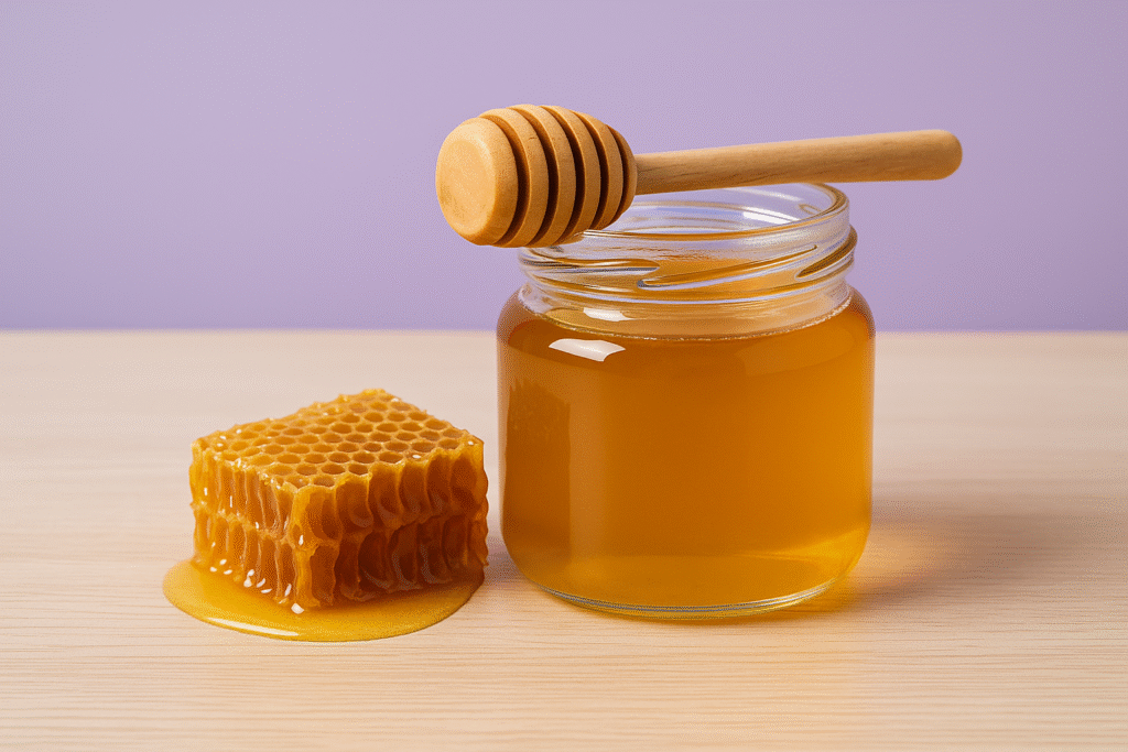 Pote de mel com favo e colher de madeira sobre mesa clara, representando os benefícios do mel.
