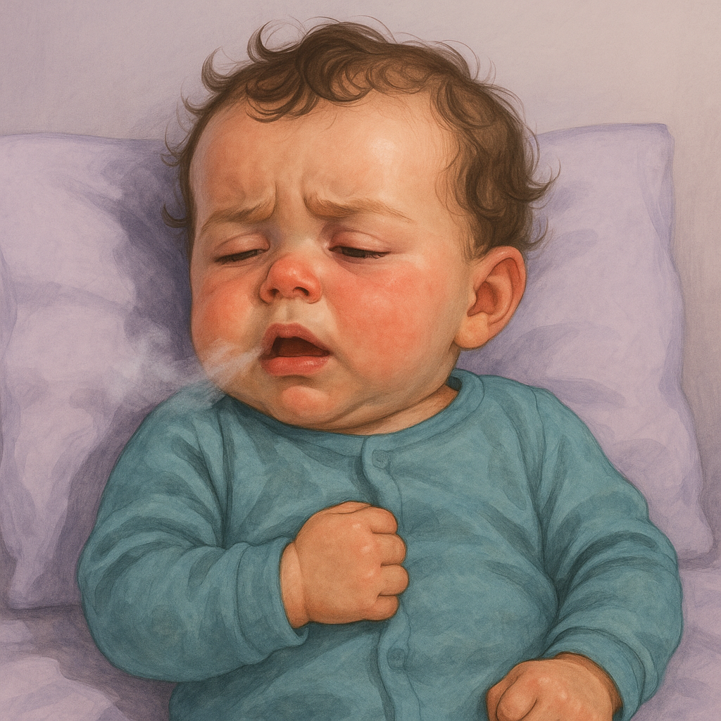 ilustração de bebê com sintomas de bronquiolite respirando com dificuldade