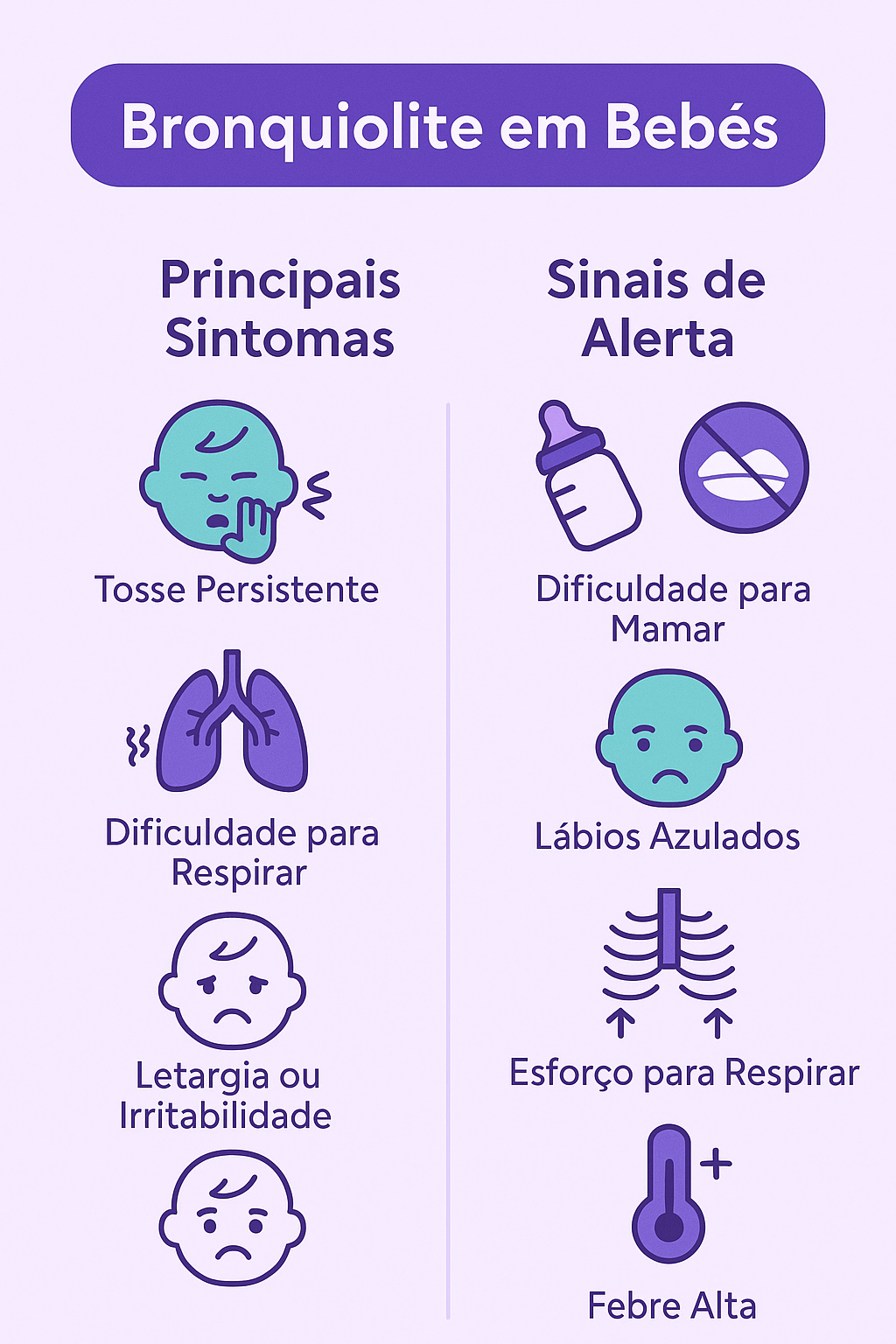 Infográfico com sintomas e sinais de alerta da bronquiolite em bebês, com ícones em estilo flat e cores suaves.