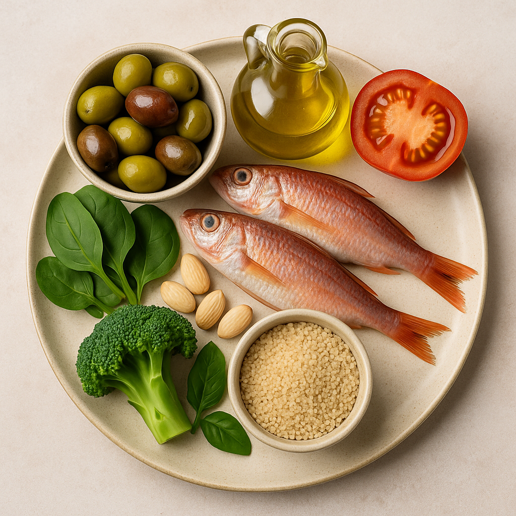 Prato com peixes, azeite de oliva, azeitonas, vegetais e grãos, representando a dieta mediterrânea tradicional.- dieta saudável