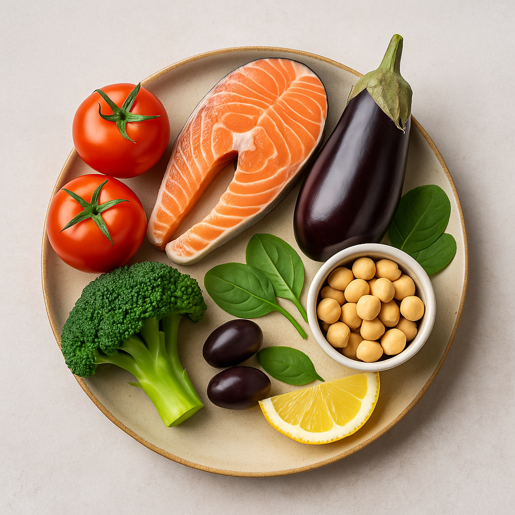 Prato com salmão, vegetais, leguminosas e frutas, representando dietas saudáveis como a DASH e Mediterrânea