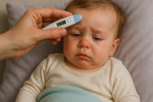bebê com sintomas de gripe, com febre e nariz escorrendo, deitado com expressão de mal-estar