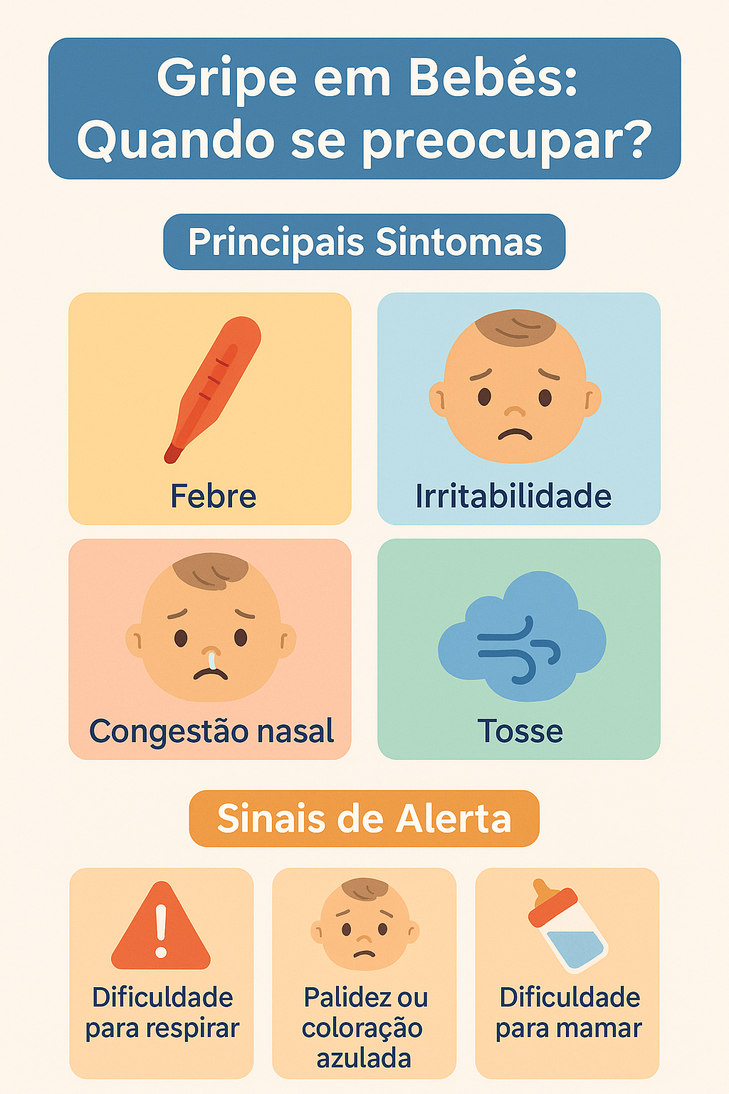 Infográfico com sintomas e sinais de alerta da gripe em bebês, com ícones coloridos e linguagem acessível.