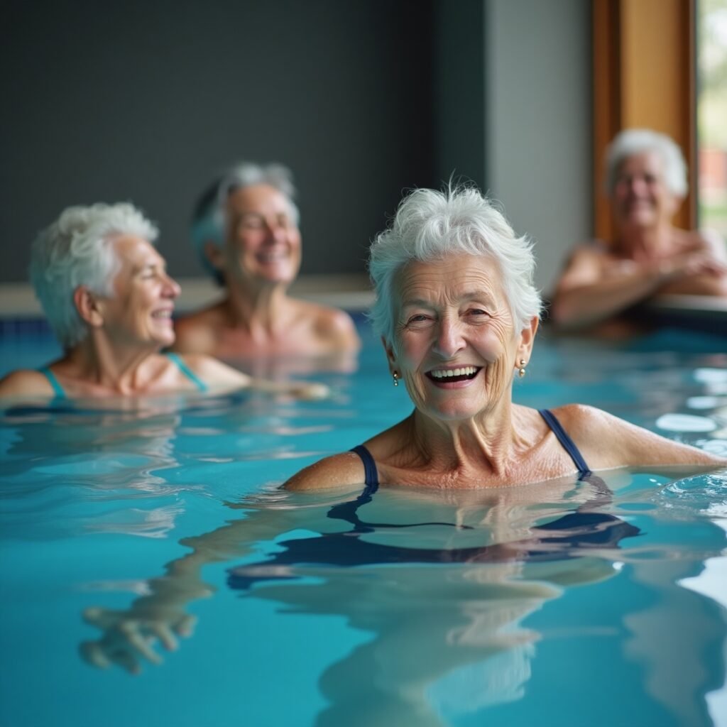 Grupo de mulheres idosas sorrindo durante aula de hidroginástica em piscina coberta, simbolizando saúde, envelhecimento ativo e bem-estar.