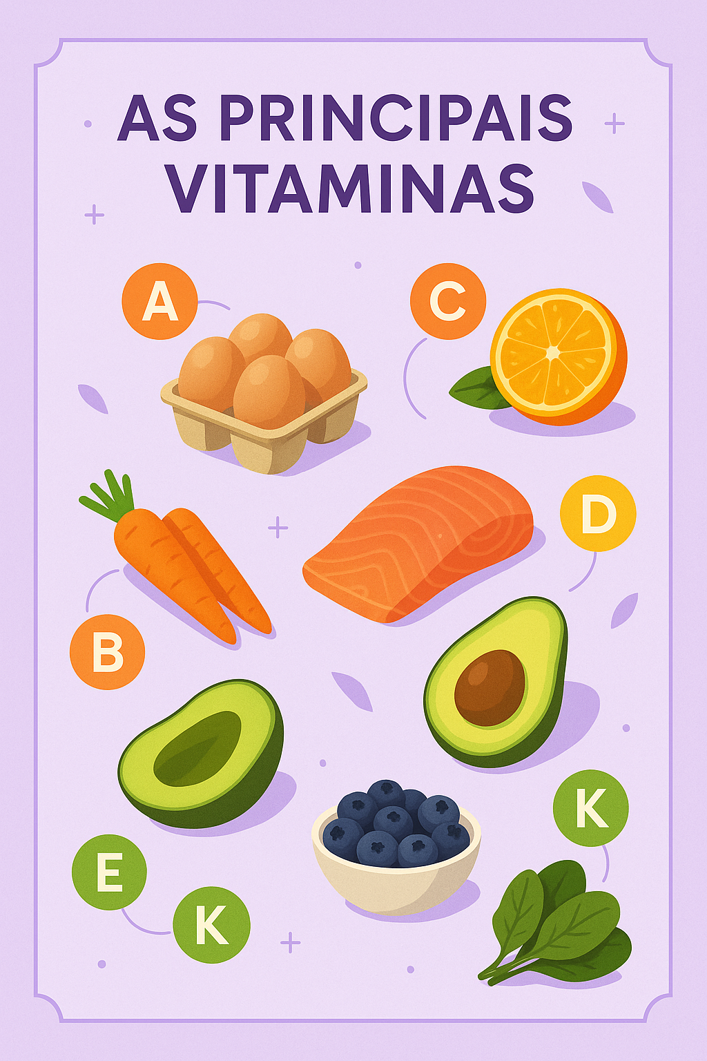 Infográfico ilustrado com vitaminas A, B, C, D, E e K e seus alimentos correspondentes como ovos, cenoura, laranja, salmão, abacate e espinafre, com fundo roxo suave e estilo flat. Ideal para blog de saúde.