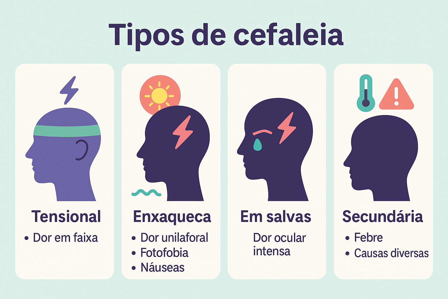 Infográfico ilustrando os principais tipos de cefaleia ( dor de cabeça) : tensional, enxaqueca, cefaleia em salvas e cefaleia secundária, com sintomas representados por ícones e cores distintas.