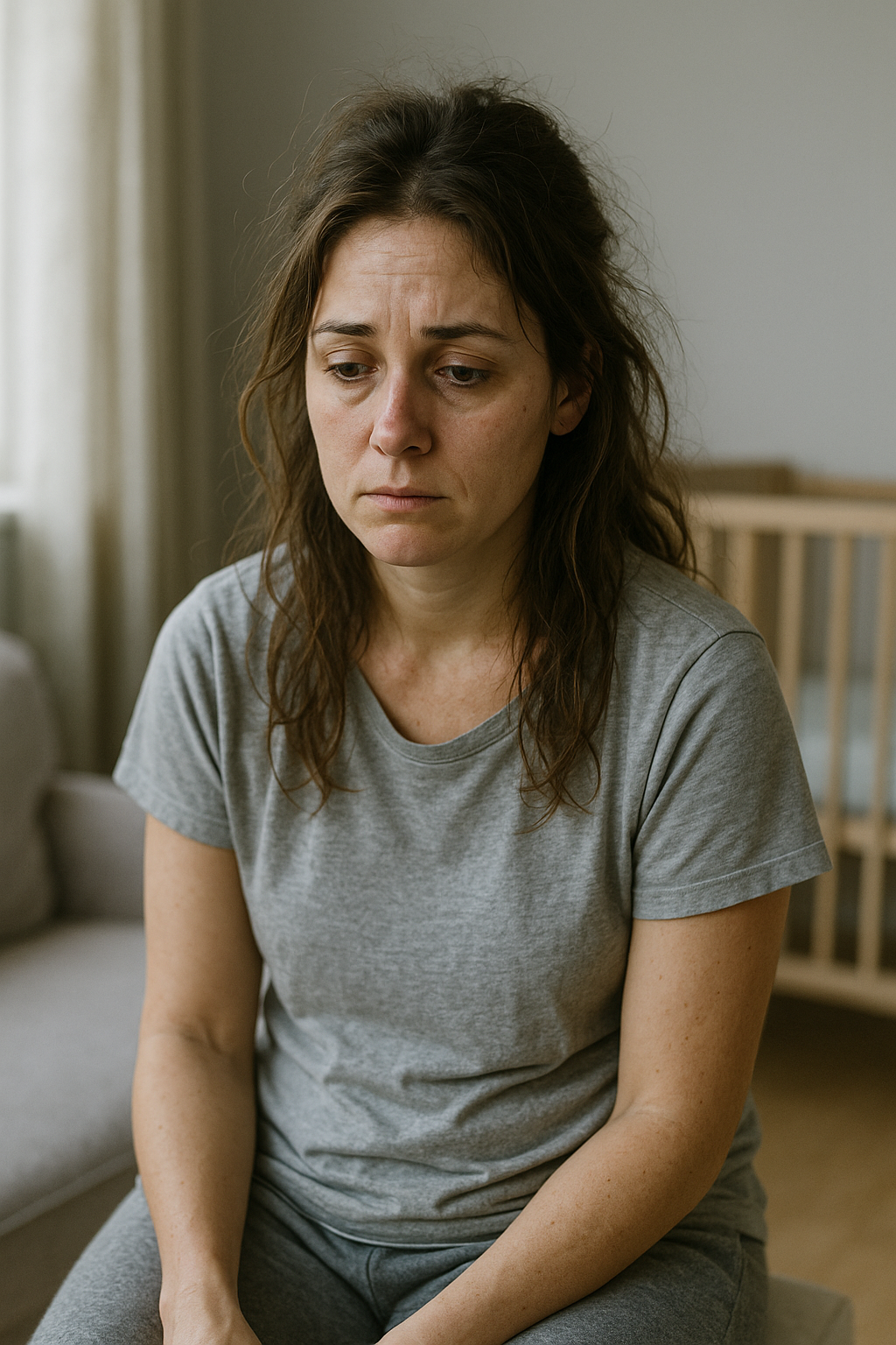 Mulher cansada e abatida no pós-parto sentada com berço ao fundo em ambiente realista.