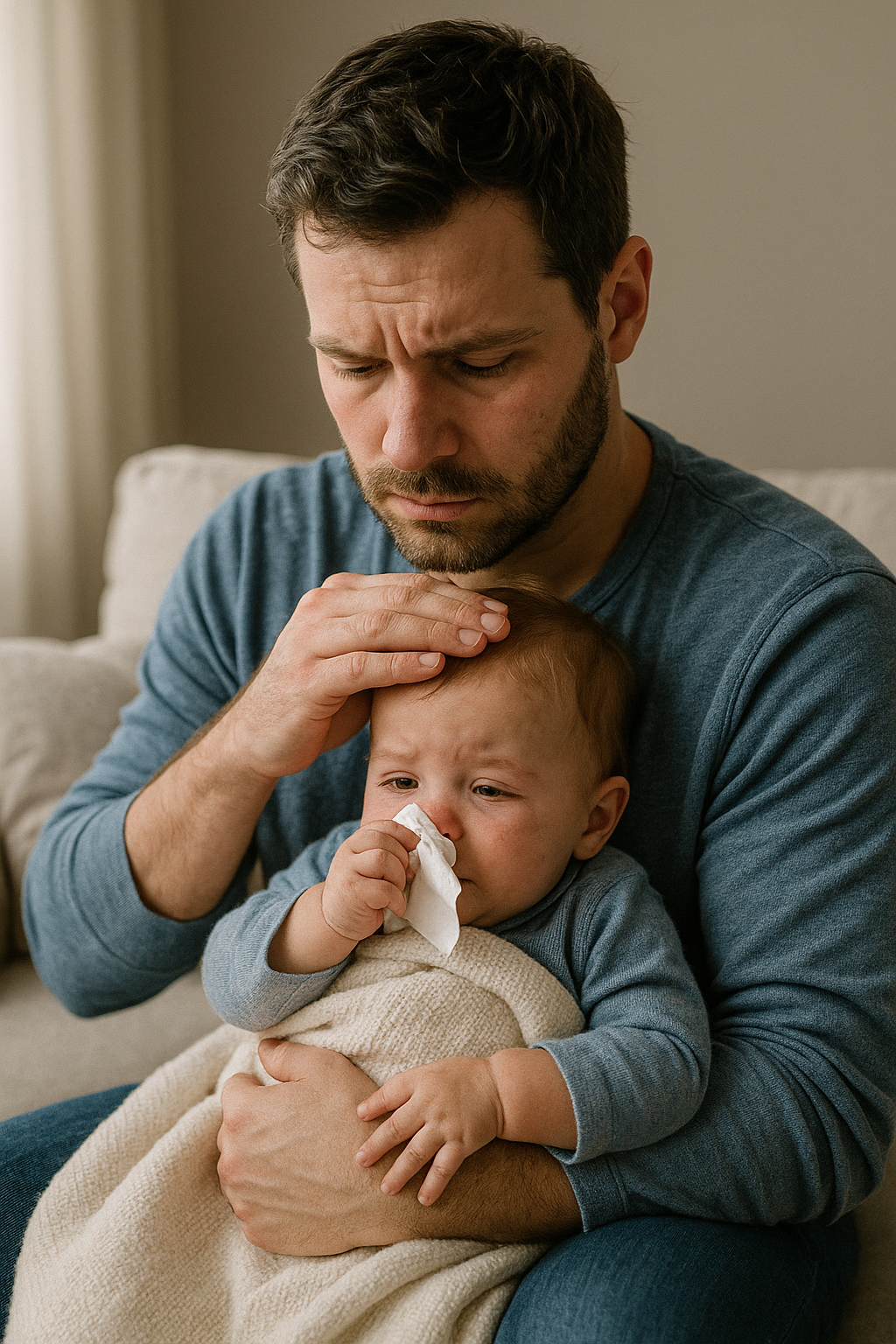 Pai segura e conforta bebê gripado com expressão de preocupação, medindo a febre e limpando o nariz da criança com lenço.