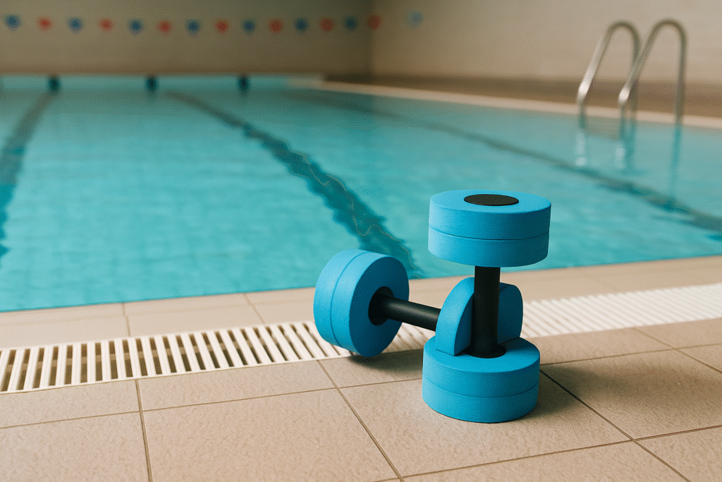 Imagem realista de piscina coberta com água azul clara e halteres flutuantes na borda, representando o preparo para uma aula de hidroginástica.