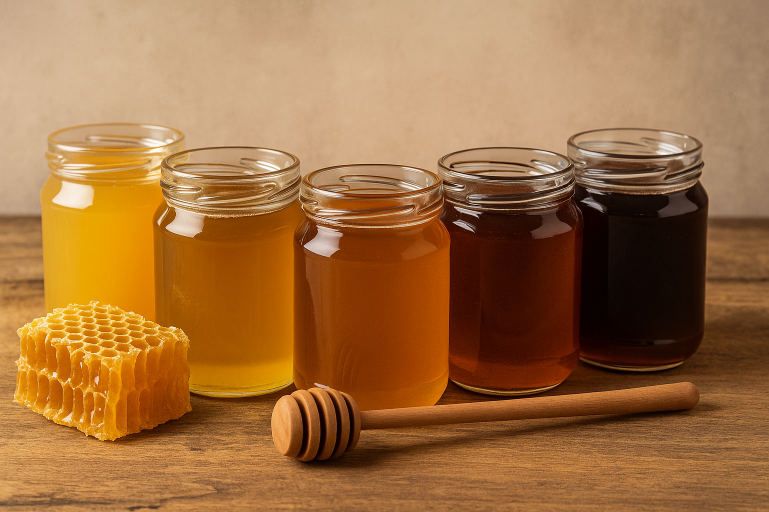 Vários potes de vidro com diferentes tipos de mel, organizados em uma superfície de madeira, ilustrando as variações de cor e pureza.